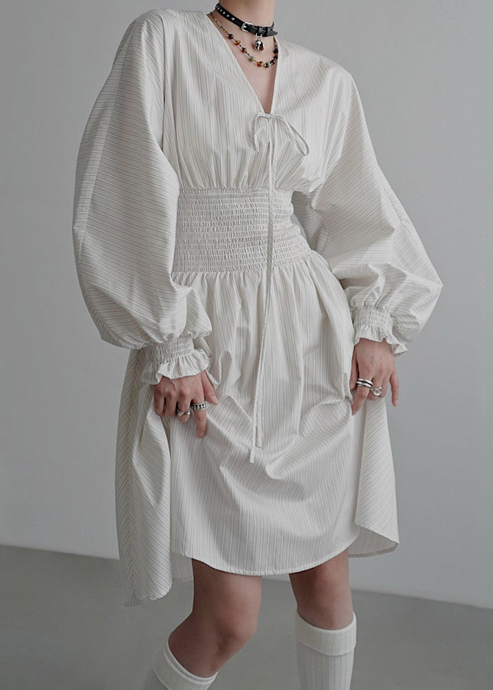 Pinstripe Lantern Sleeve Drawstring V-Neck Smocked Waist Midi Dress - View 3
