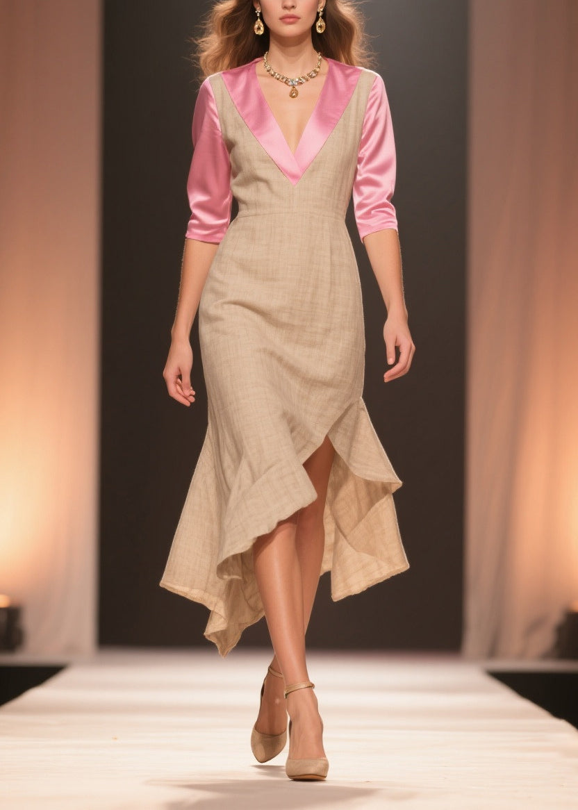 Deep V-Neck Three Quarter Sleeve Satin Trim Woven Midi Dress - View 5