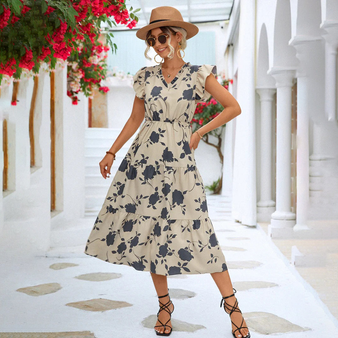 Floral Print V-Neck Flutter Sleeve Elastic Waist Tiered Dress