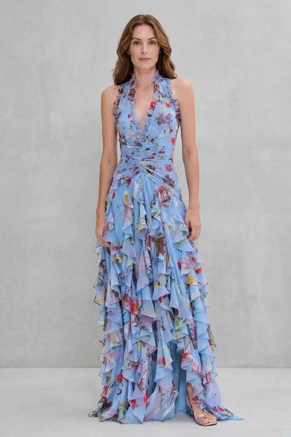 Floral Halter Neck Deep V-Neck Ruffle Tiered Maxi Gown 7