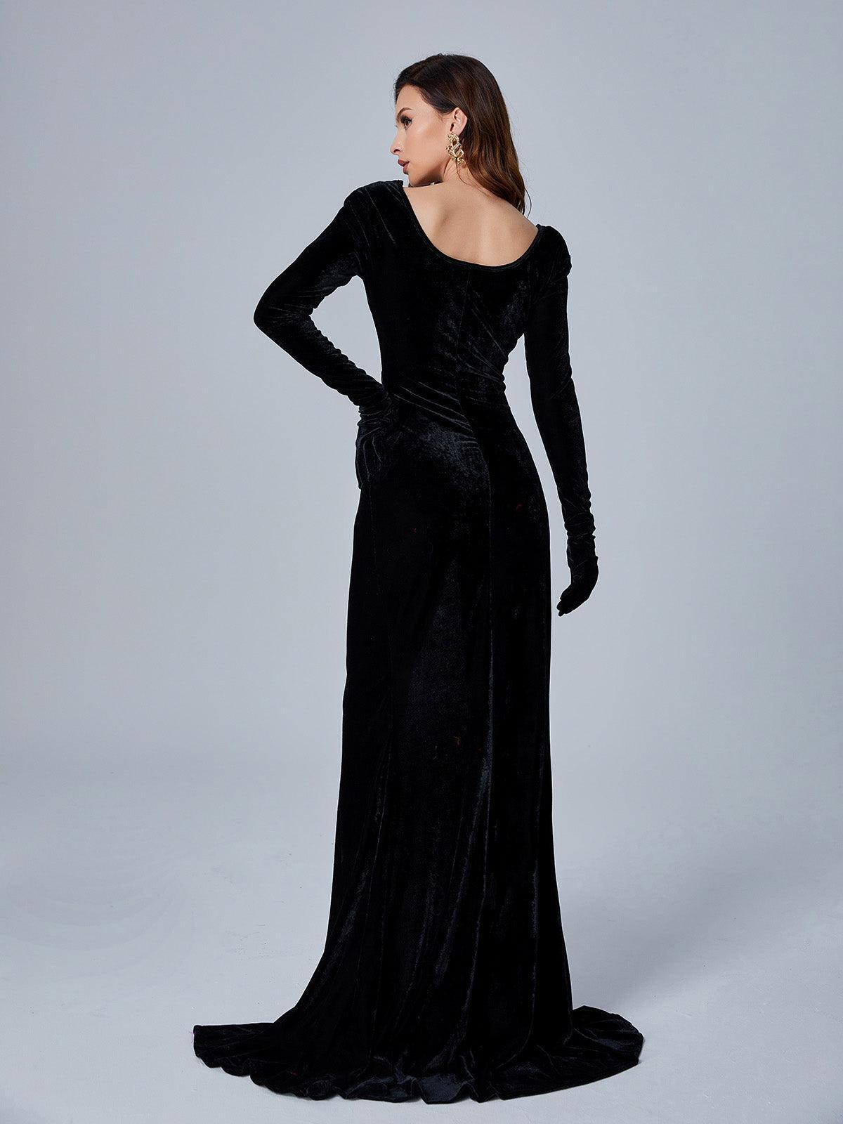 Bernice Long Sleeve Gloves Velvet Maxi Dress In Black - View 6