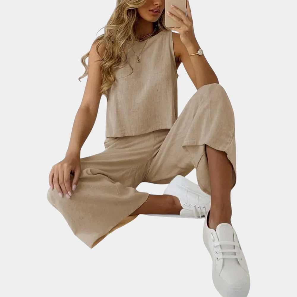 Round Neck Sleeveless Tank and Wide Leg Pants Two Piece Set