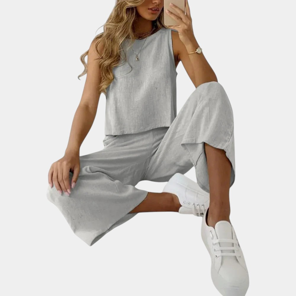 Round Neck Sleeveless Tank and Wide Leg Pants Two Piece Set 4