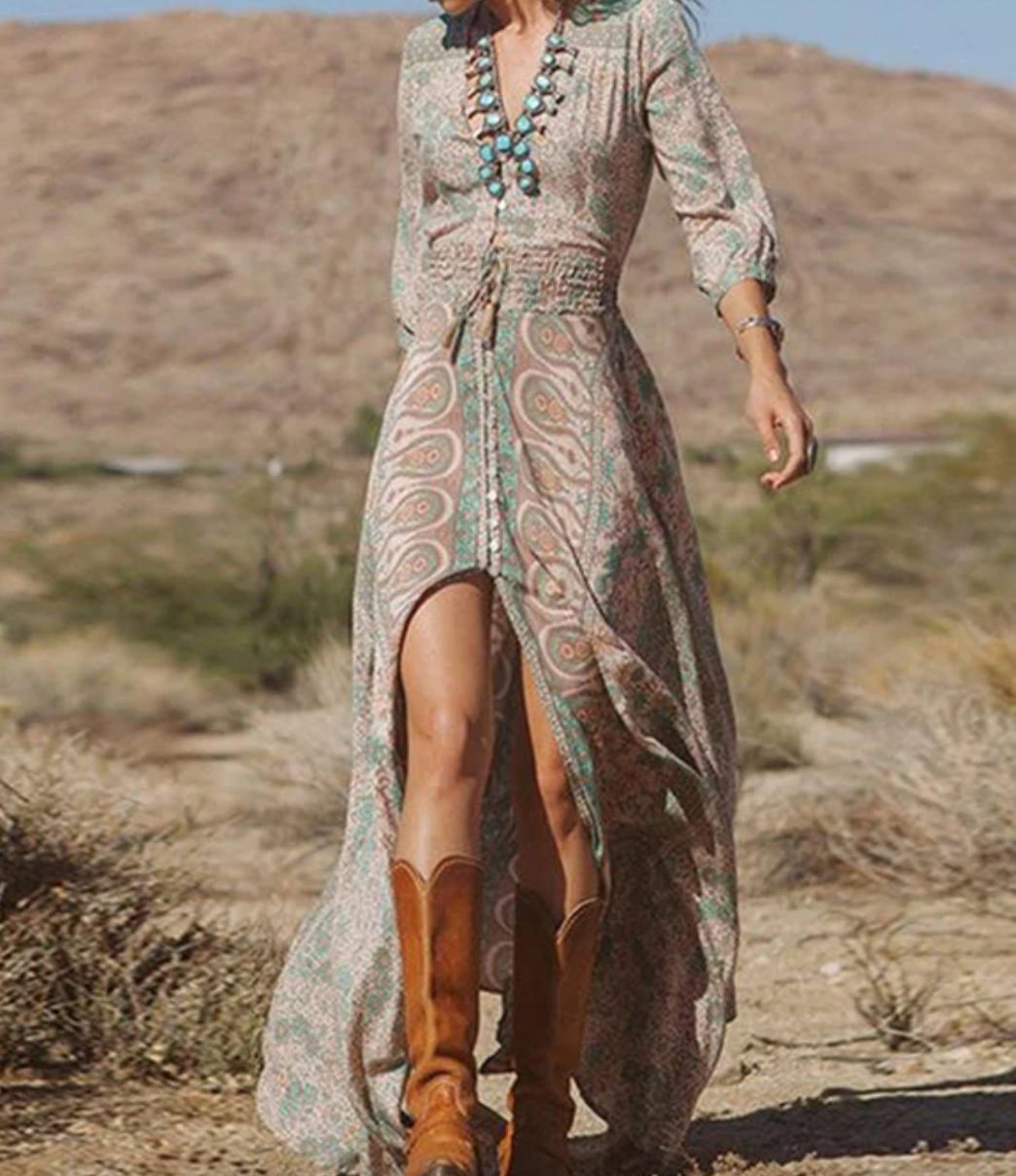 Paisley Deep V-Neck Button Front Smocked Maxi Dress