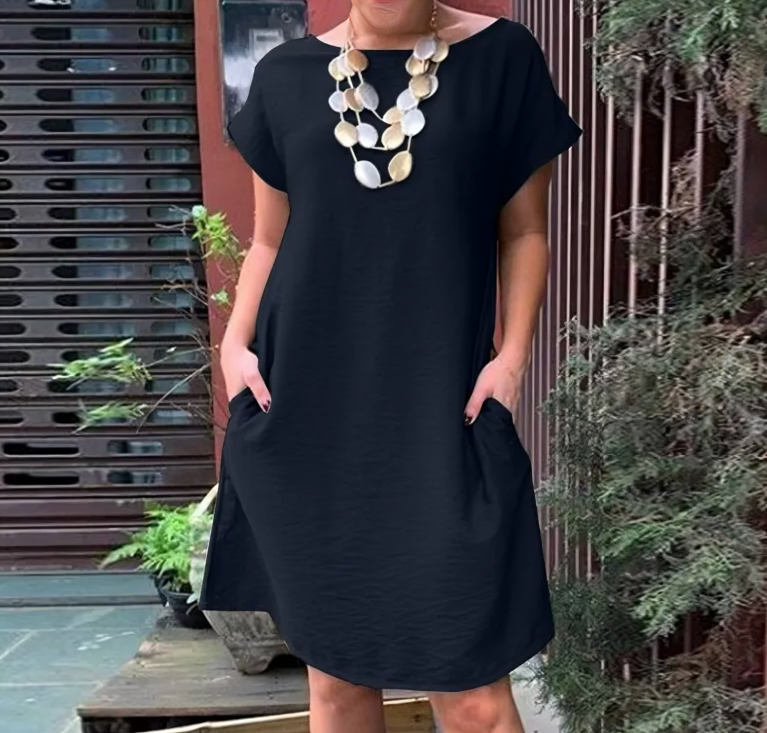 Textured Round Neck Cap Sleeve Pocket Loose Shift Dress - View 3