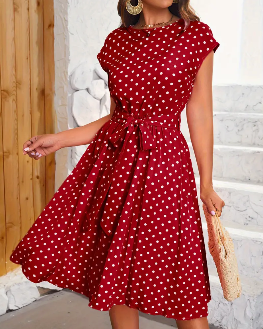 Polka Dot Round Neck Belted Pleated A-Line Midi Dress - View 2