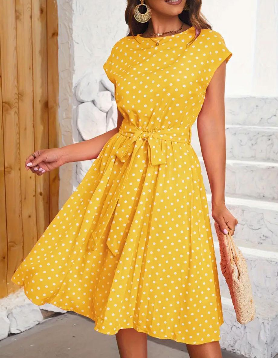 Polka Dot Round Neck Belted Pleated A-Line Midi Dress - View 3