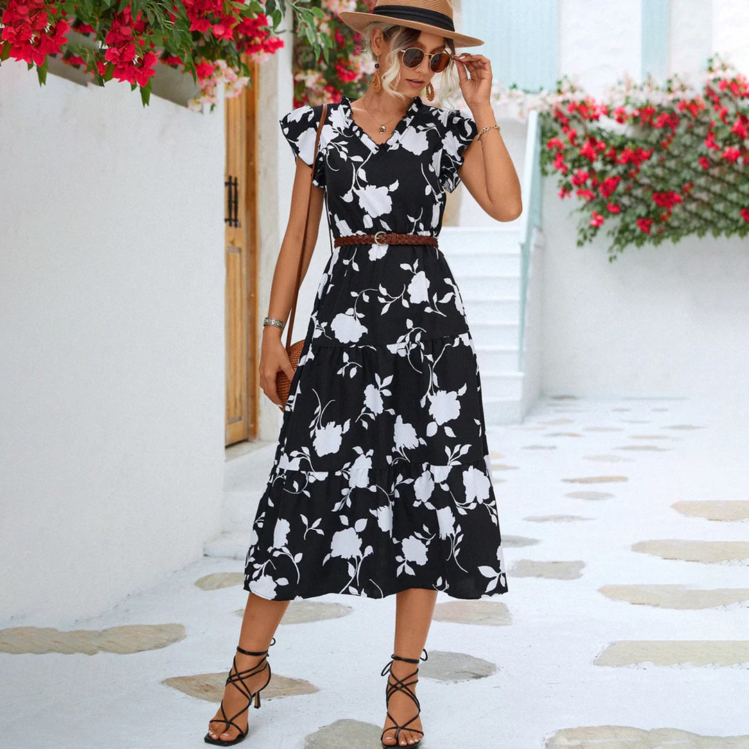 Floral Print V-Neck Flutter Sleeve Elastic Waist Tiered Dress - View 7