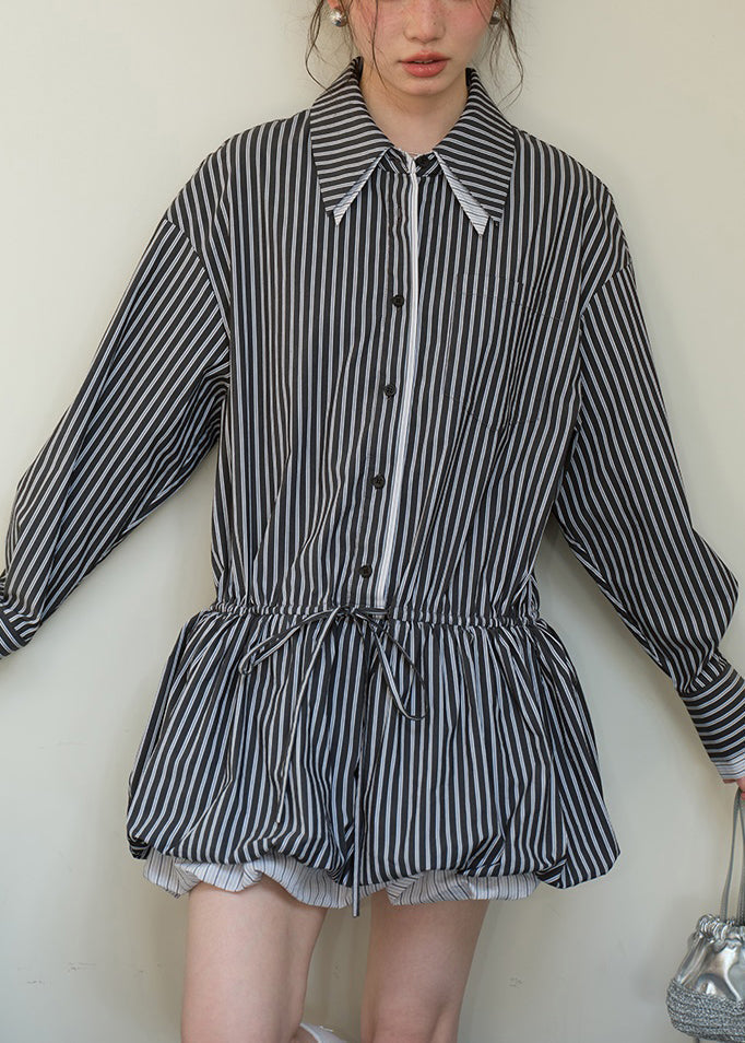 Striped Point Collar Long Sleeve Mini Shirt Dress