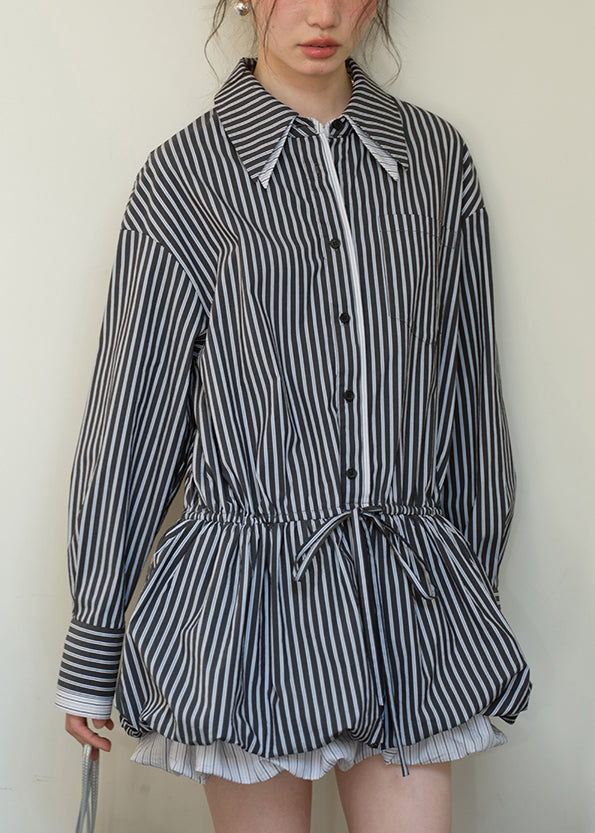 Striped Point Collar Long Sleeve Mini Shirt Dress - View 3