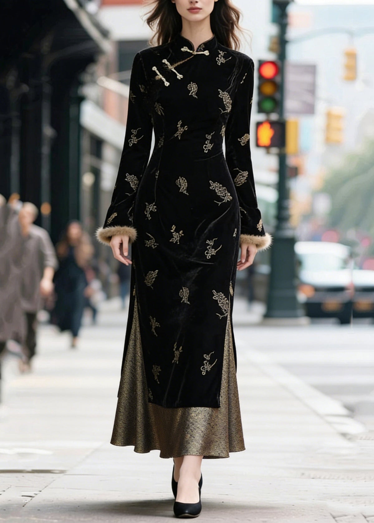 Mandarin Collar Frog Closure Embroidered Velvet Fur Maxi Dress