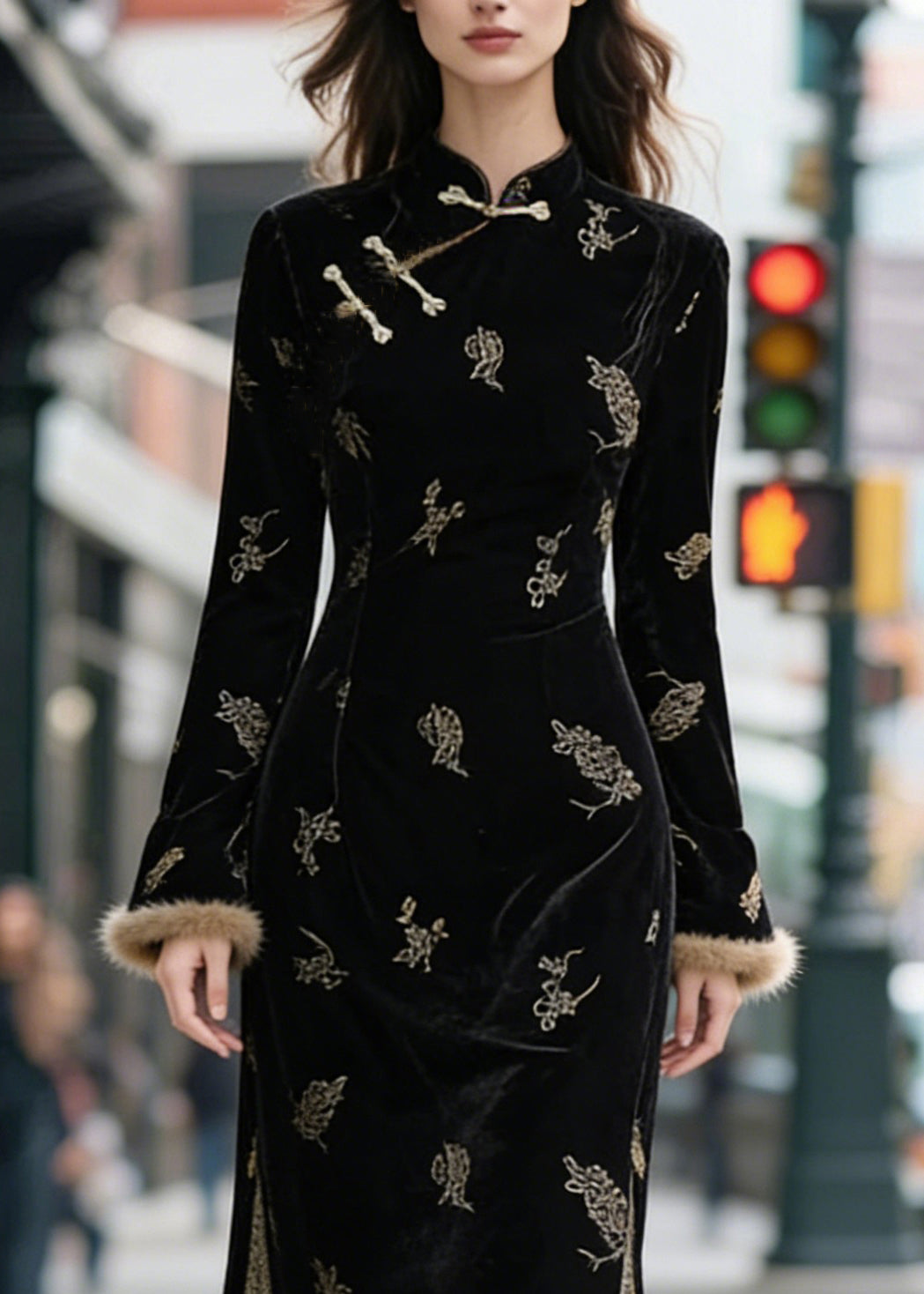 Mandarin Collar Frog Closure Embroidered Velvet Fur Maxi Dress - View 2