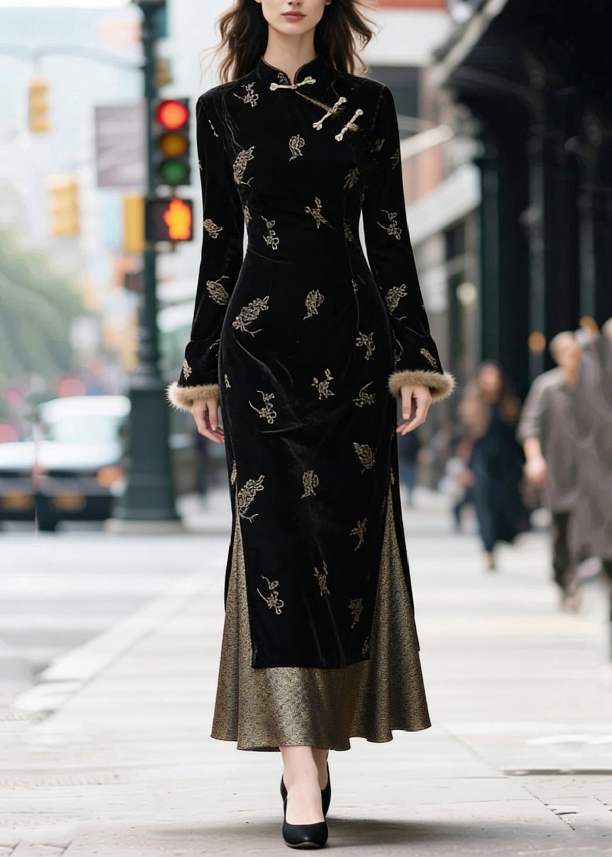 Mandarin Collar Frog Closure Embroidered Velvet Fur Maxi Dress - View 3