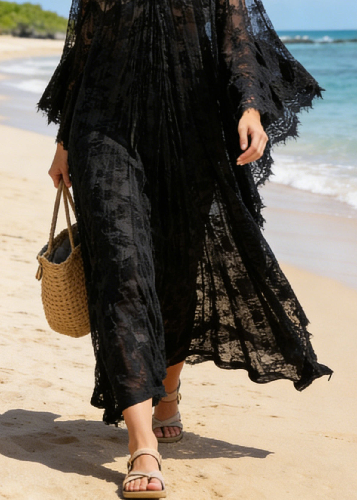 Black Hollow Out Loose Lace Maxi Dresses V Neck Summer - View 4
