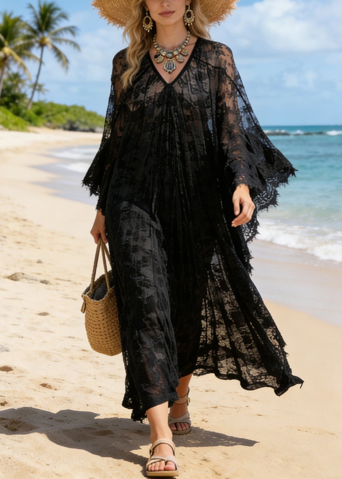 Black Hollow Out Loose Lace Maxi Dresses V Neck Summer - View 5