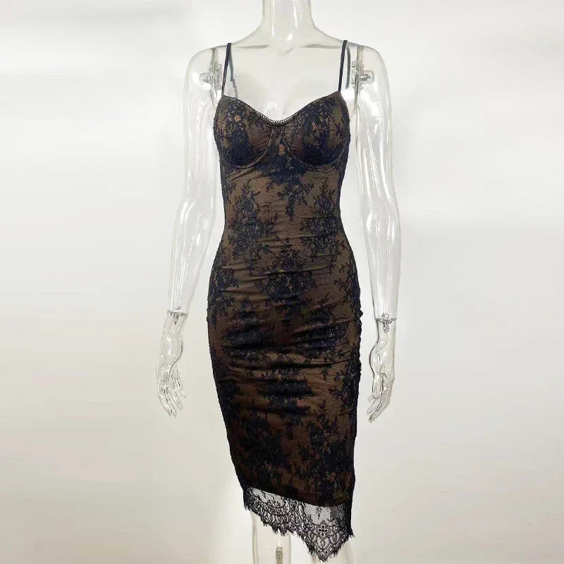 2024 Elegant Black Spaghetti Strap Evening Luxury Lace Dress - View 6