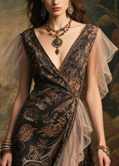 Paisley Print Wrap Deep V-Neck Sheer Butterfly Sleeve Maxi Gown - View 2