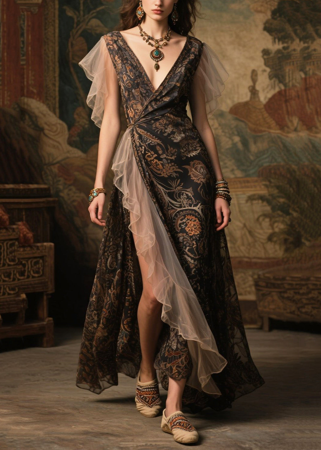 Paisley Print Wrap Deep V-Neck Sheer Butterfly Sleeve Maxi Gown - View 3