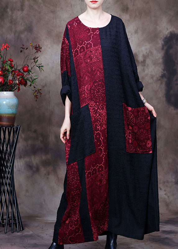 Lace Print Panel Patchwork Round Neck Long Sleeve Maxi Dress