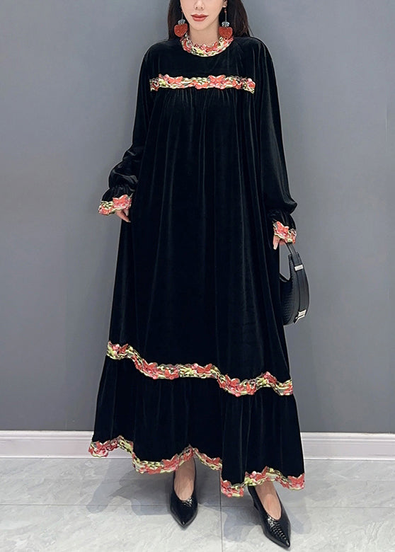 Velvet Long Sleeve Crew Neck Embroidered Band Tiered Maxi Dress - View 2
