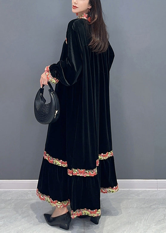 Velvet Long Sleeve Crew Neck Embroidered Band Tiered Maxi Dress - View 4