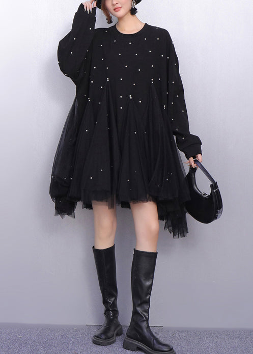 Oversized Crew Neck Pearl Embellished Tulle Tiered Mini Dress