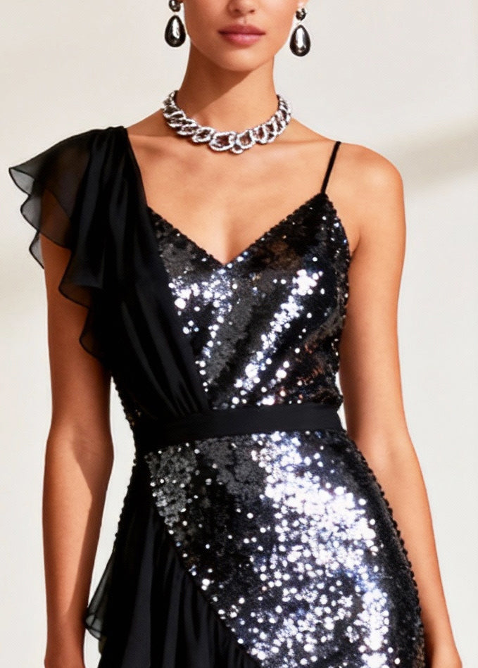 Sequin One Shoulder Ruffle Strap Sheer High Low Midi Dress - View 2