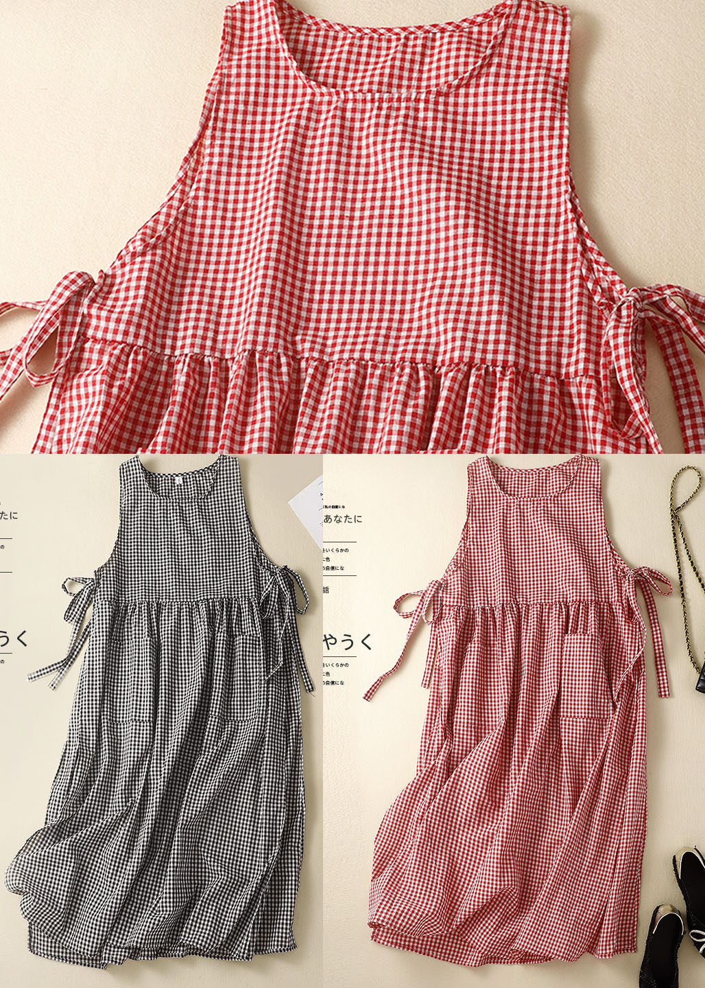 Gingham Check Empire Waist Side Tie Patch Pocket Sleeveless Midi Dress - View 5