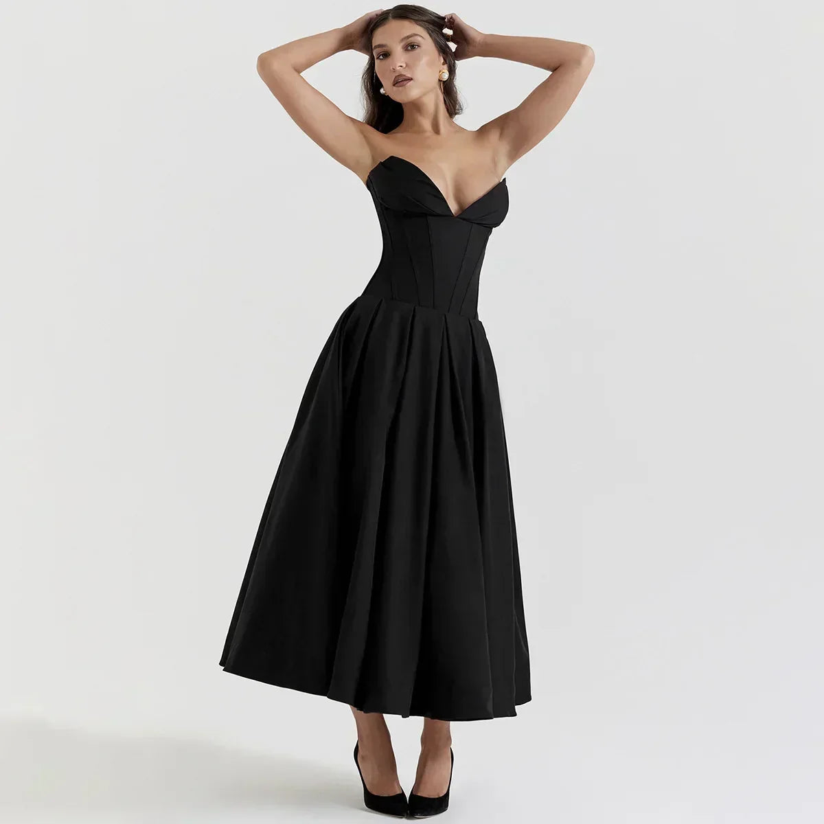 Strapless Sweetheart Corset Pleated A-Line Midi Dress - View 3