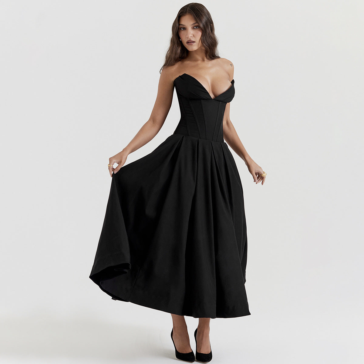 Strapless Sweetheart Corset Pleated A-Line Midi Dress - View 4