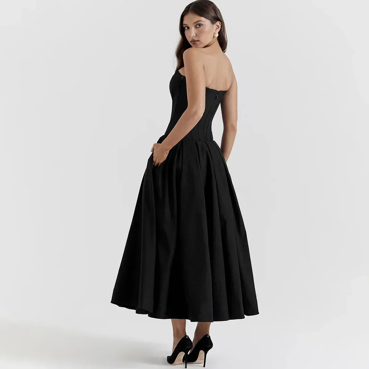 Strapless Sweetheart Corset Pleated A-Line Midi Dress - View 5