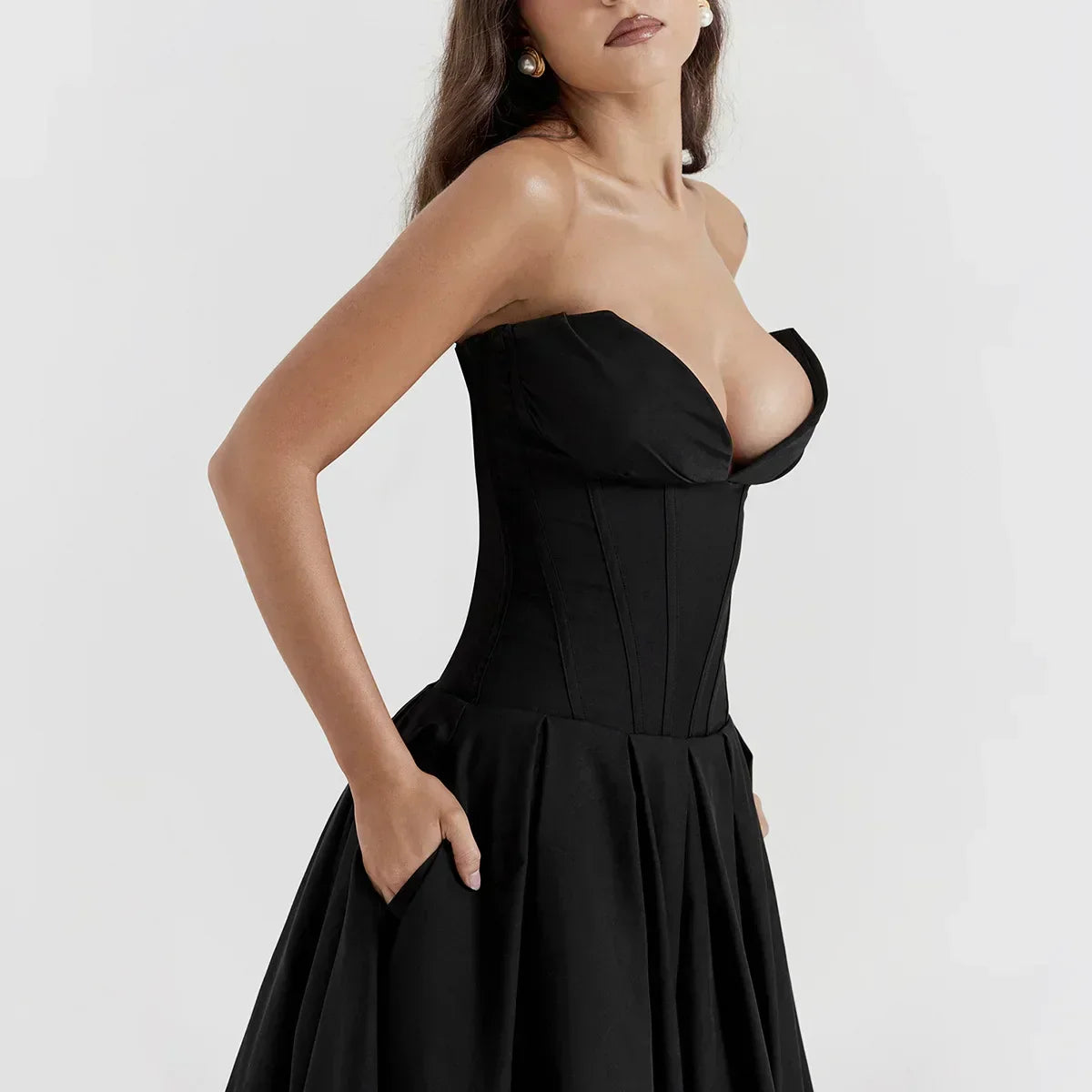 Strapless Sweetheart Corset Pleated A-Line Midi Dress - View 7