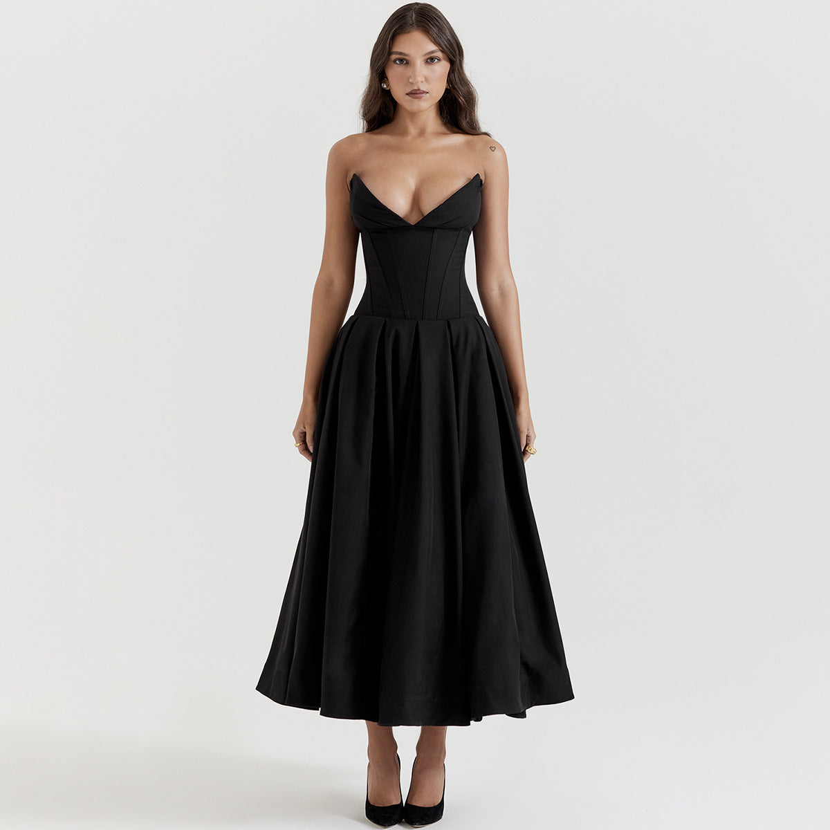 Strapless Sweetheart Corset Pleated A-Line Midi Dress