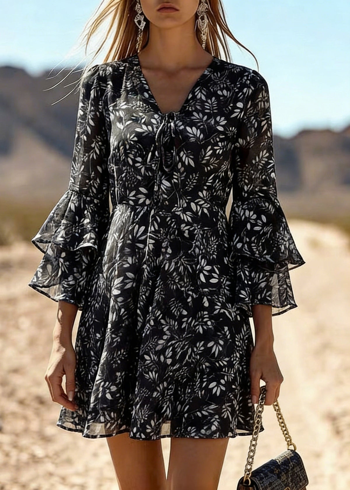 Leaf Print Tie Front Deep V-Neck Double Ruffle A-Line Mini Dress - View 3