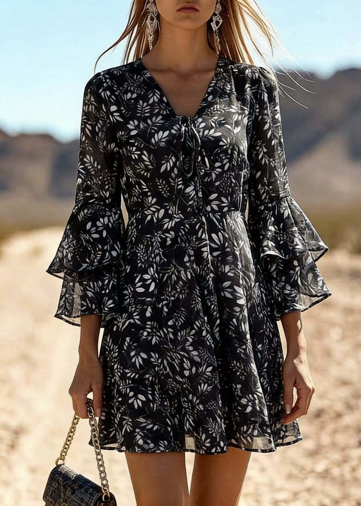 Leaf Print Tie Front Deep V-Neck Double Ruffle A-Line Mini Dress - View 5