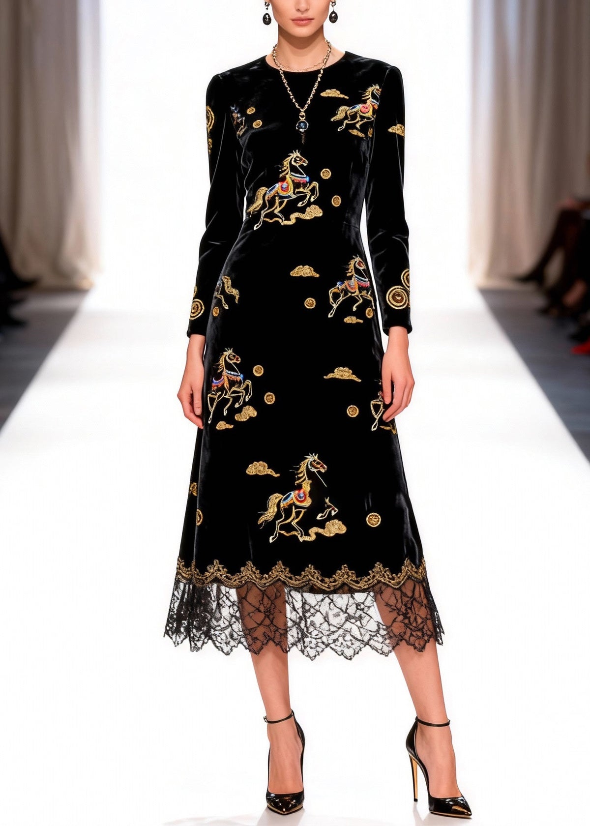 Velvet Round Neck Long Sleeve Horse Embroidered Midi Dress