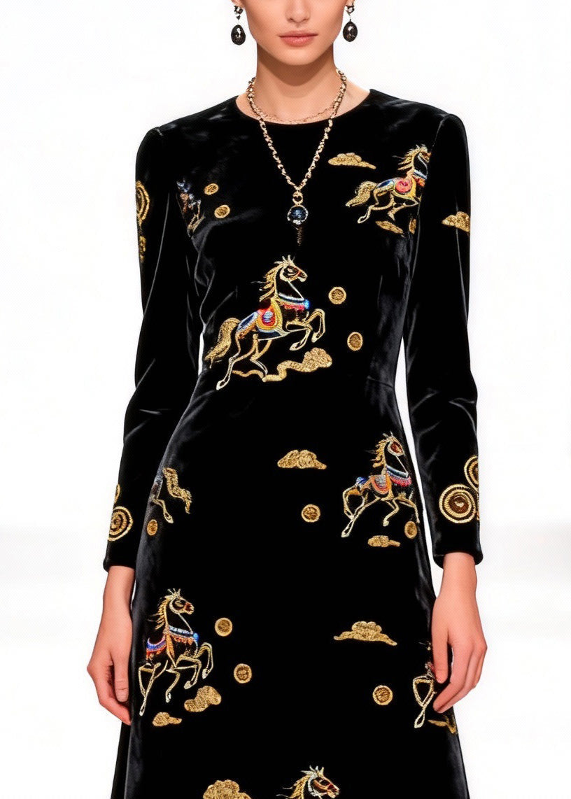 Velvet Round Neck Long Sleeve Horse Embroidered Midi Dress - View 2
