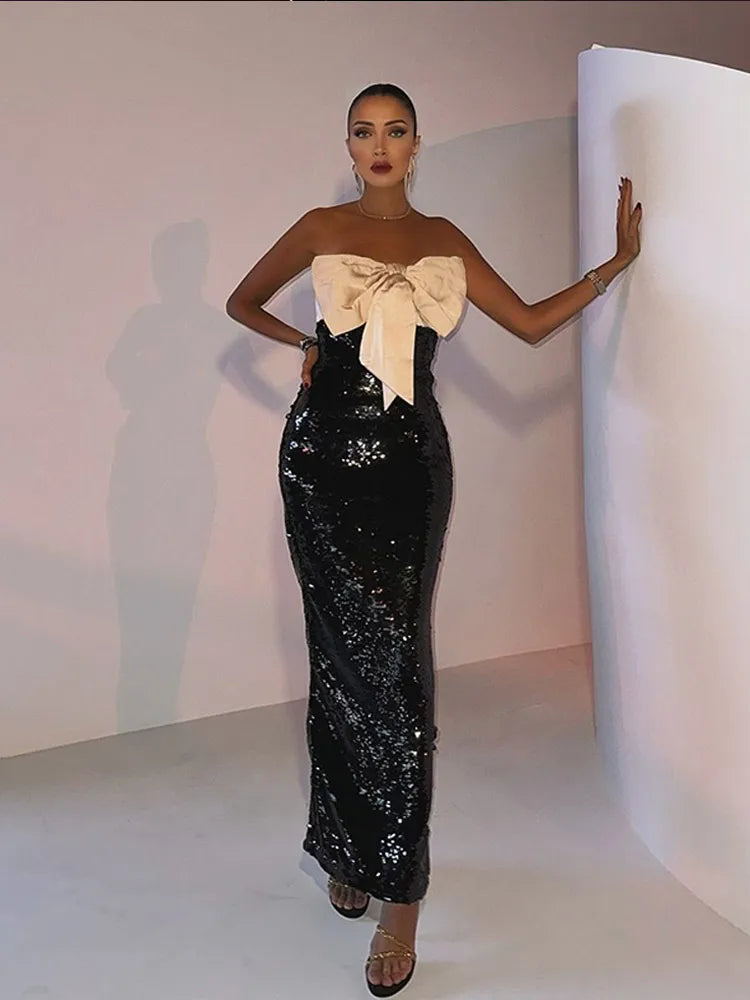 Strapless Bow Front Sequin Mermaid Maxi Dress 2