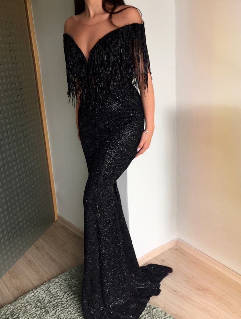 Sequin Off Shoulder Beaded Fringe Mermaid Maxi Gown
