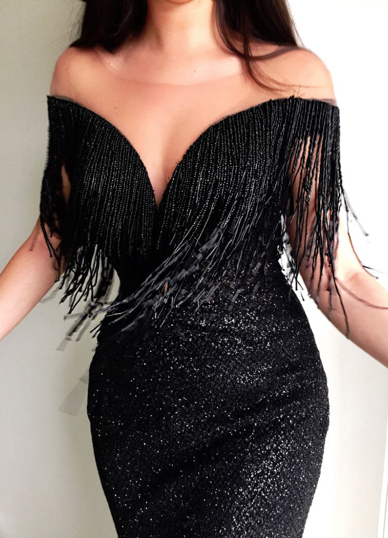 Sequin Off Shoulder Beaded Fringe Mermaid Maxi Gown - View 2