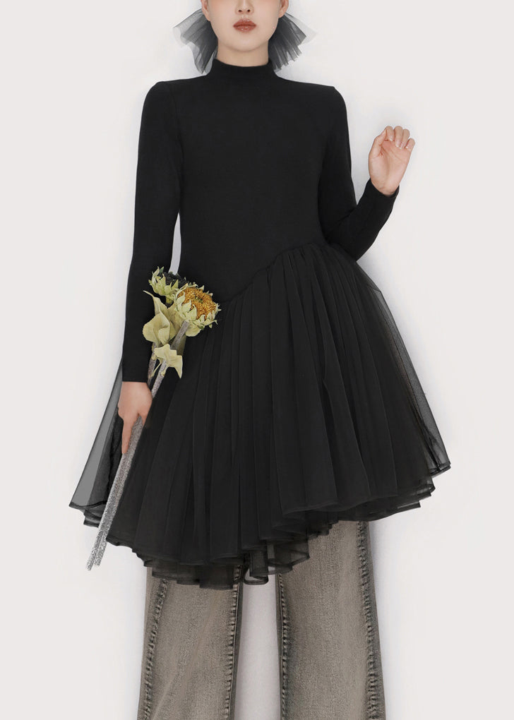 Black Solid Tulle Patchwork Winter Mini Dresses Turtleneck - View 3
