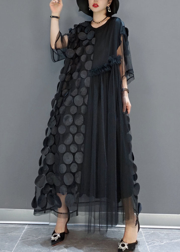 Mesh Asymmetrical Round Neck Elbow Sleeve Disc Maxi Party Dress