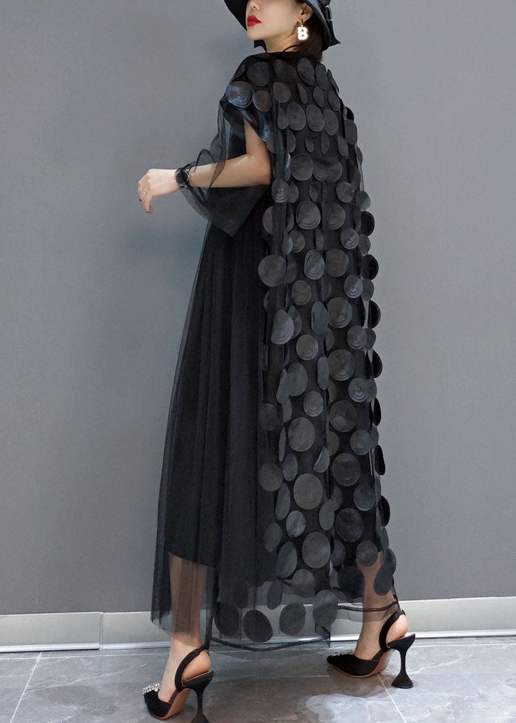 Mesh Asymmetrical Round Neck Elbow Sleeve Disc Maxi Party Dress - View 7