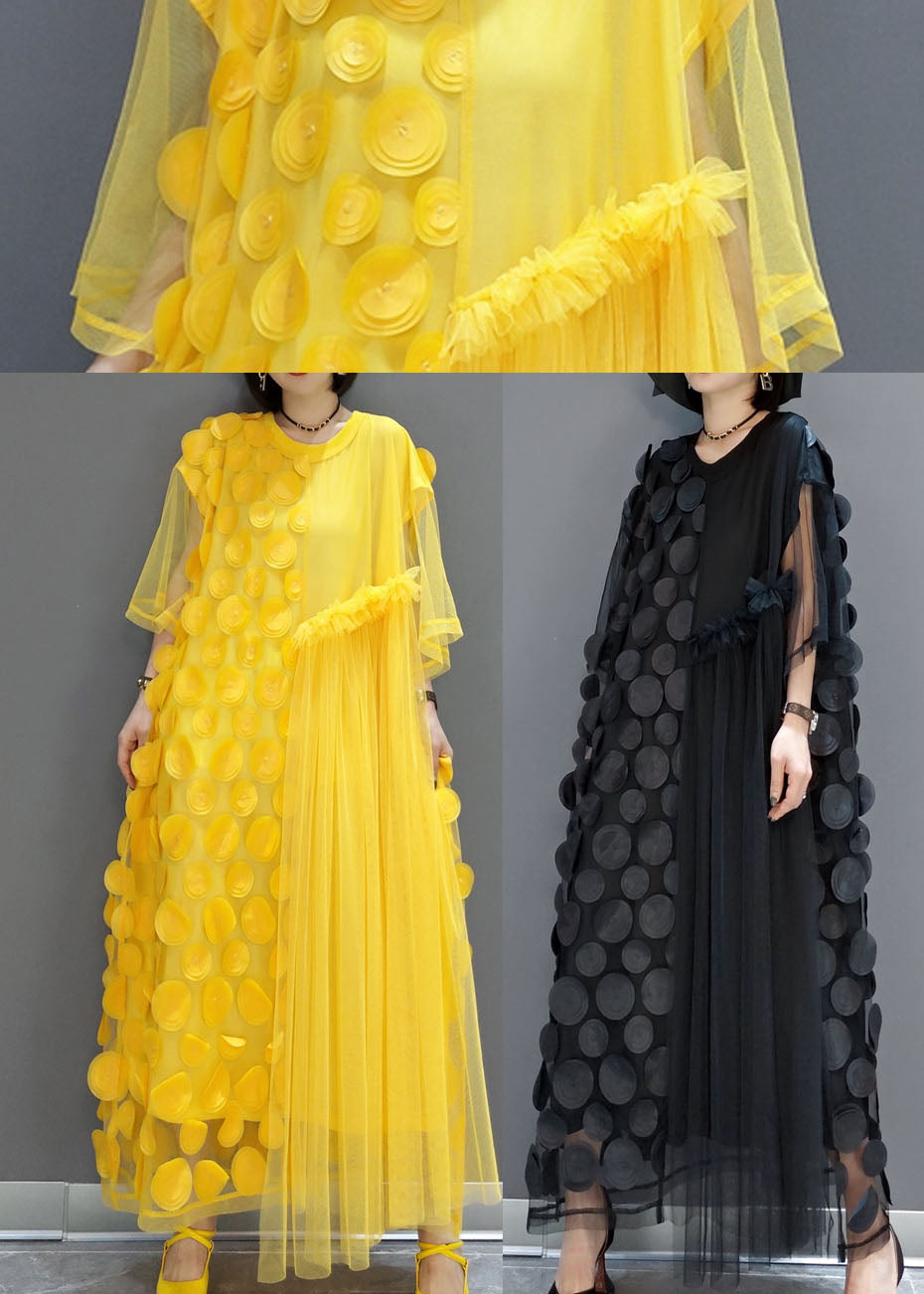 Mesh Asymmetrical Round Neck Elbow Sleeve Disc Maxi Party Dress - View 9