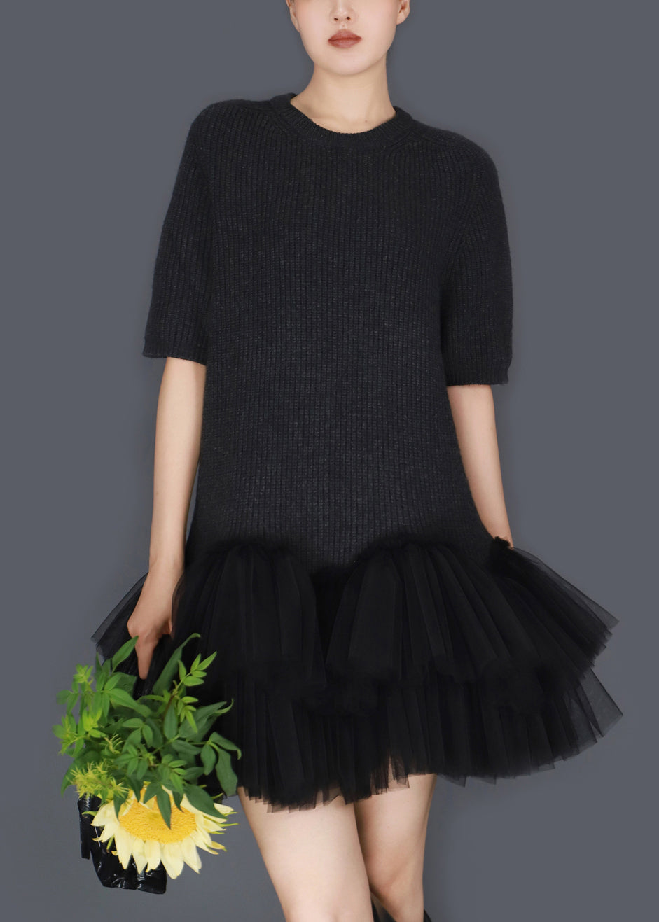 Tiered Tulle Crew Neck Short Sleeve Ribbed Knit Ruffle Mini Dress