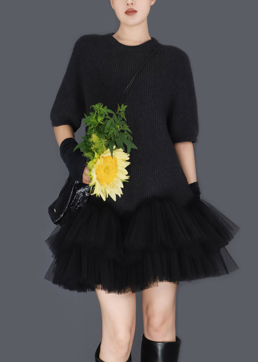 Tiered Tulle Crew Neck Short Sleeve Ribbed Knit Ruffle Mini Dress - View 2