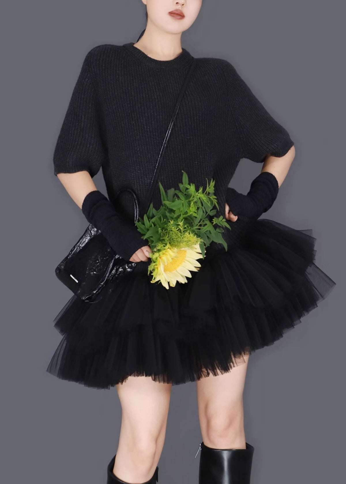 Tiered Tulle Crew Neck Short Sleeve Ribbed Knit Ruffle Mini Dress - View 3