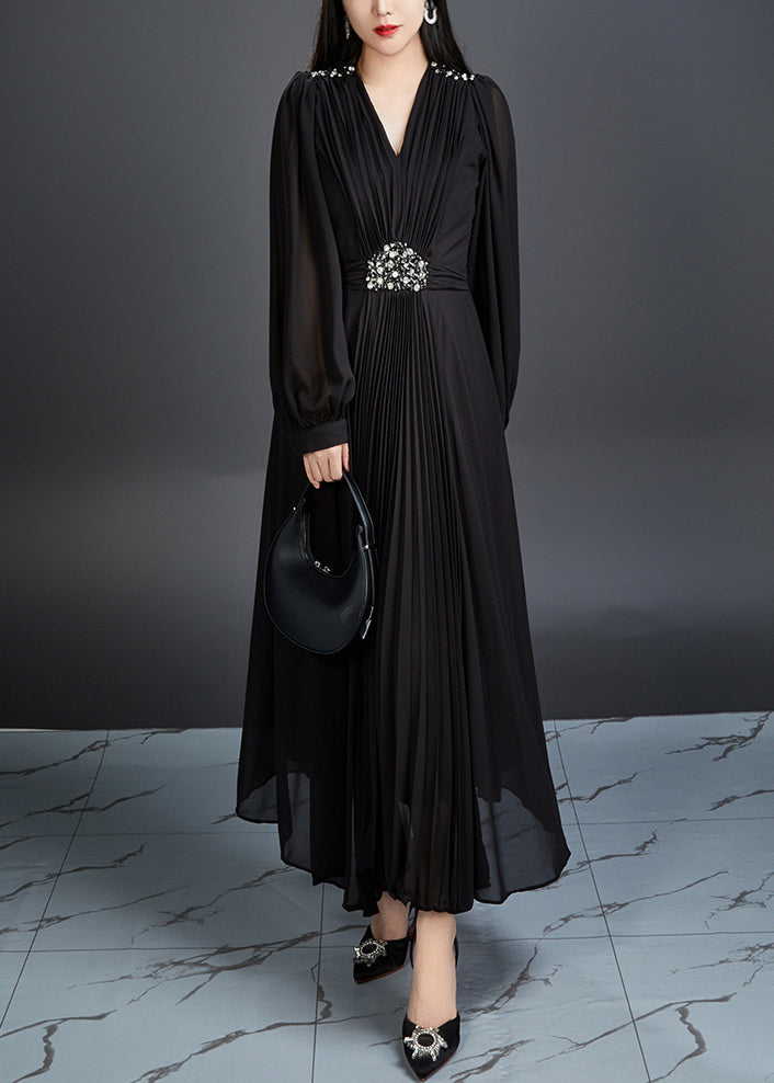 Black Zircon Chiffon Long Dresses V Neck Long Sleeve - View 2