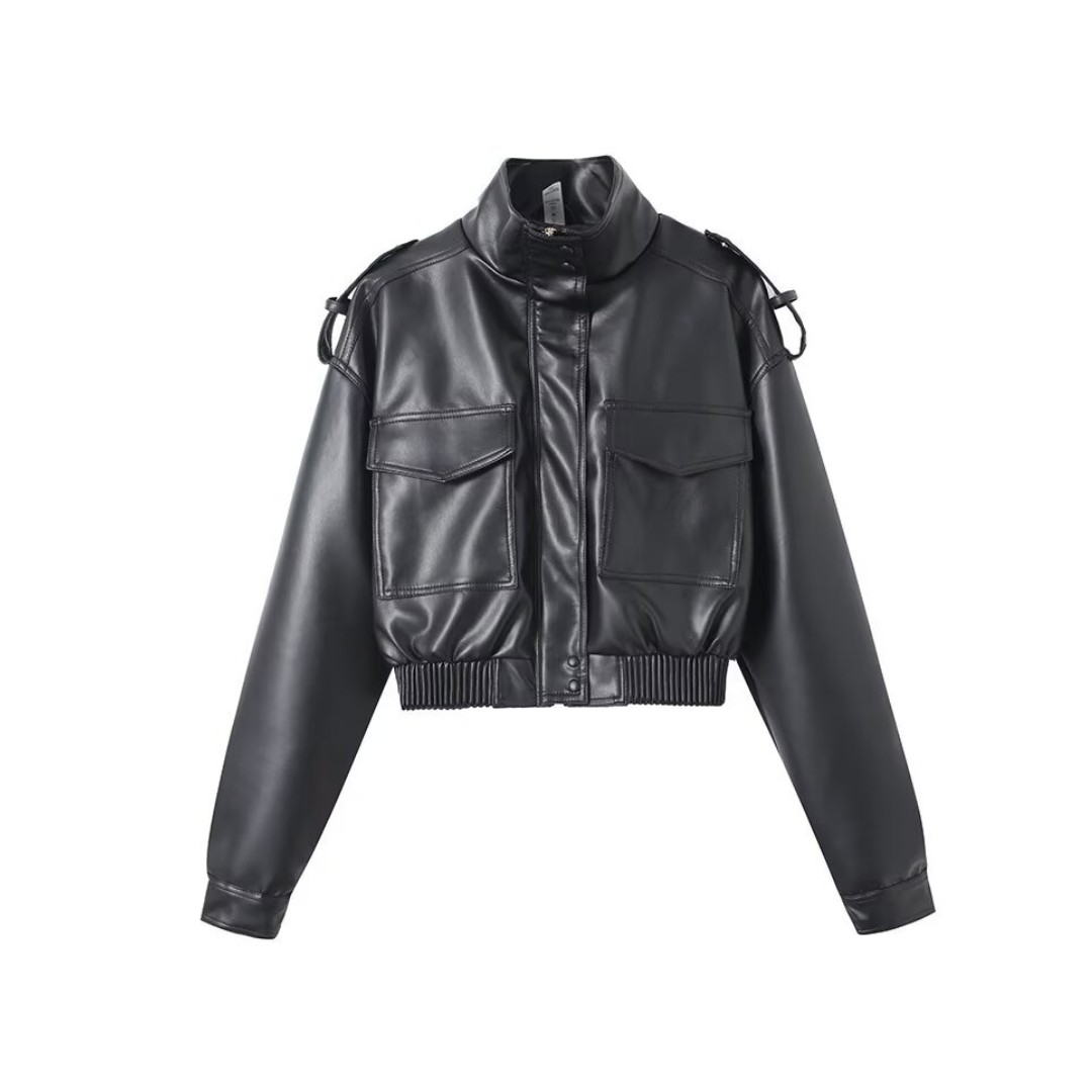 Zip Front Cropped Faux Leather Bomber Jacket 3