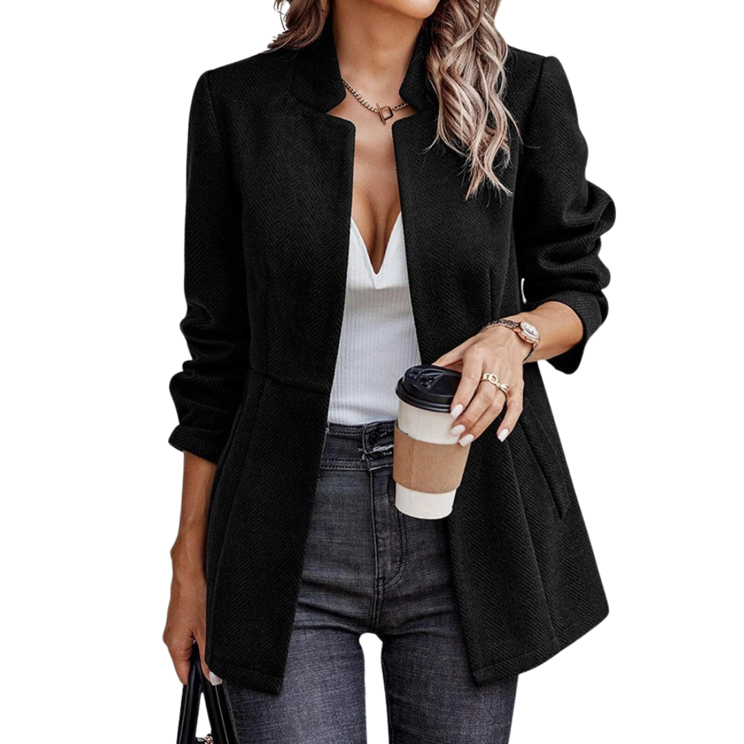 Open Front Stand Collar Long Sleeve Peplum Blazer